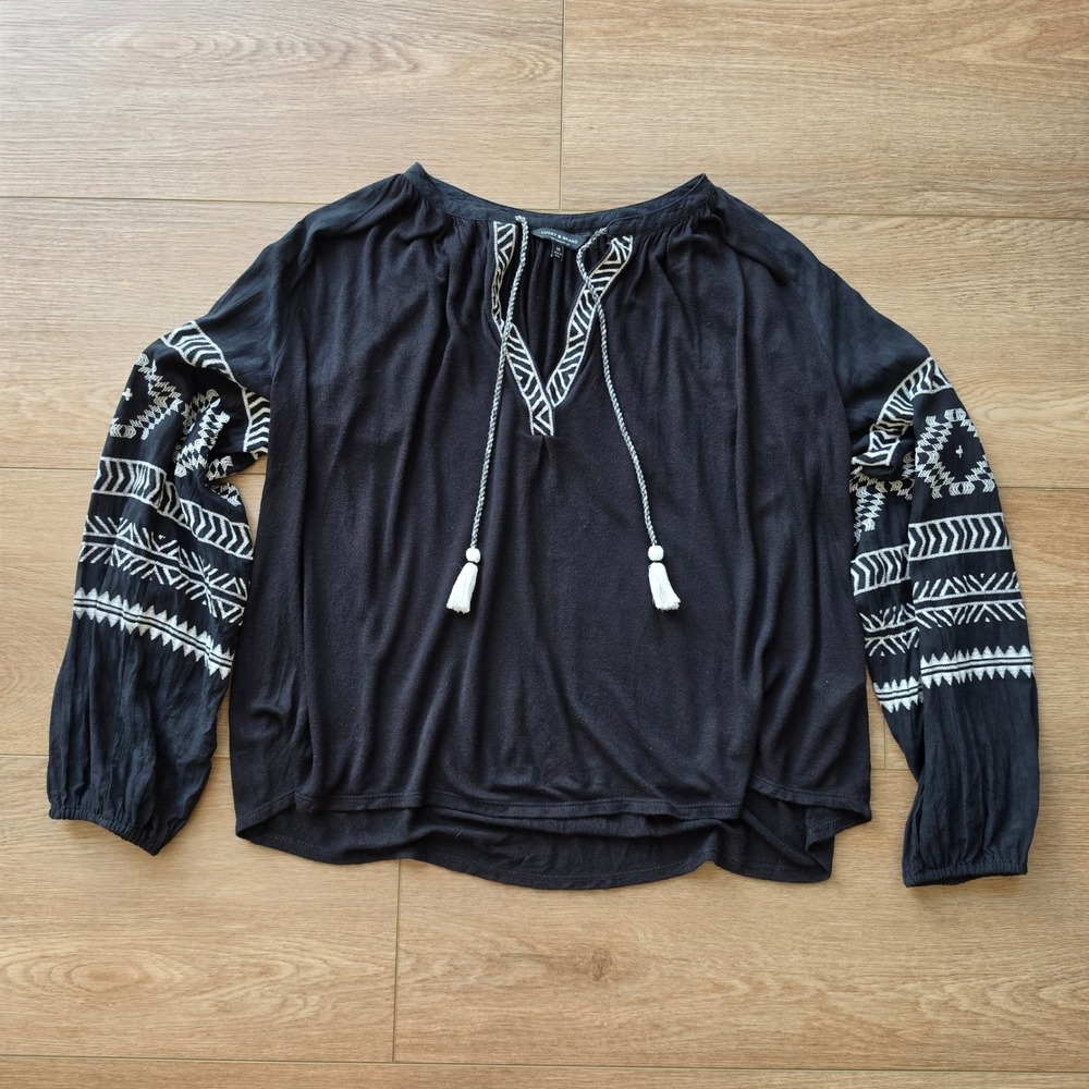 Lucky Brand Womens Embroidered Tassel Peasant Top, Boho Blouse M